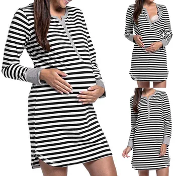 

Winter Pregnancy Cotton Dress Women's Breastfeeding Long Sleeve Button Nightie Striped Dresses Ropa Premama Dress Pregnant 2019