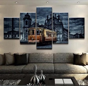 

Modular Canvas Prints Home Wall Art Posters 5 Pieces Retro European City Building Tram Paintings Living Room Decor Pictures