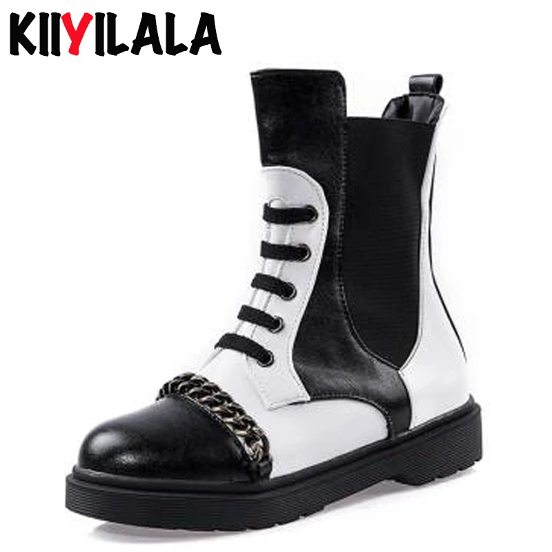 

Kiiyilala New Chelsea Boots Women Winter Shoes With Zipper Metal Decoration Womens Shoes Round Toe Platform Leather Ankle Boots