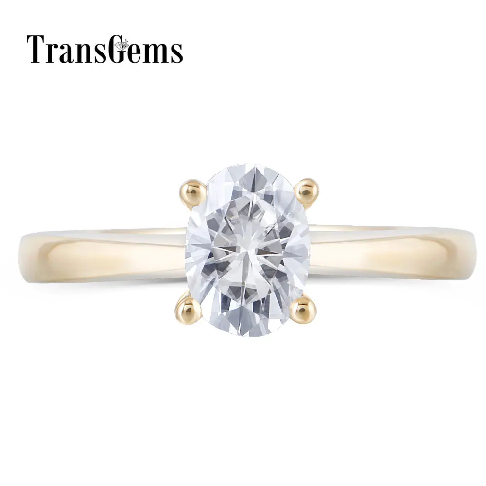 

TransGems Solid Yellow Gold 1 Carat 6X7mm F Color Oval Cut Moissanite Engagement Ring for Women Wedding Jewelry