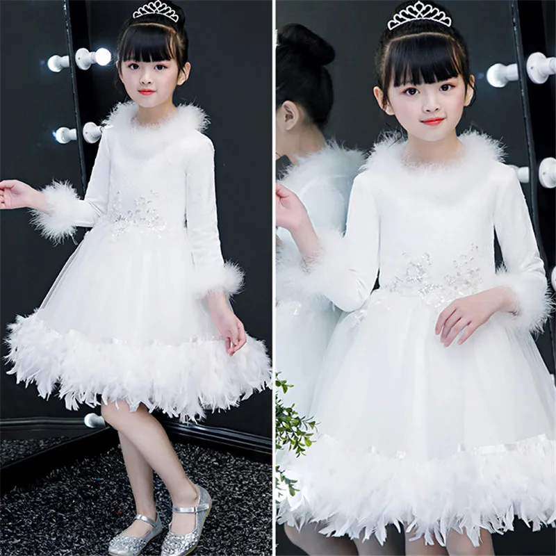 

Autumn Winter Kids Children White Birthday Wedding Party Princess Lace Dress Teens Girls Piano Costume Host Ball Gown Prom Dress