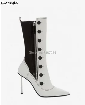 

SHOOEGLE Bota Feminina Button Studs Ankle Boots Women Metal High Heels Pointed Toe Zip Shoes Patchwork Booties Women New 2019