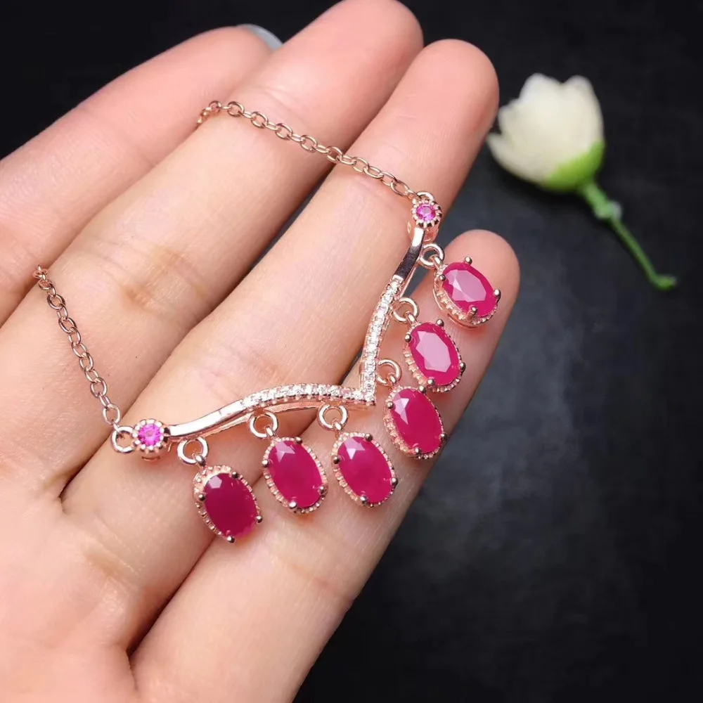 Romantique coeur pêche naturel rouge rubis gemme pendentif collier S925 argent naturel pierre gemme