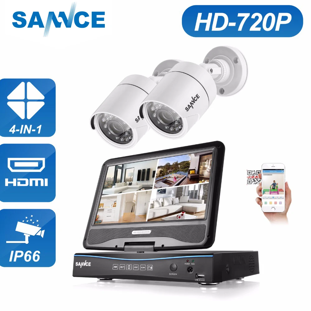 SANNCE 10" LCD Monitor 4CH DVR 720P CCTV Security System 2pcs 1.0MP