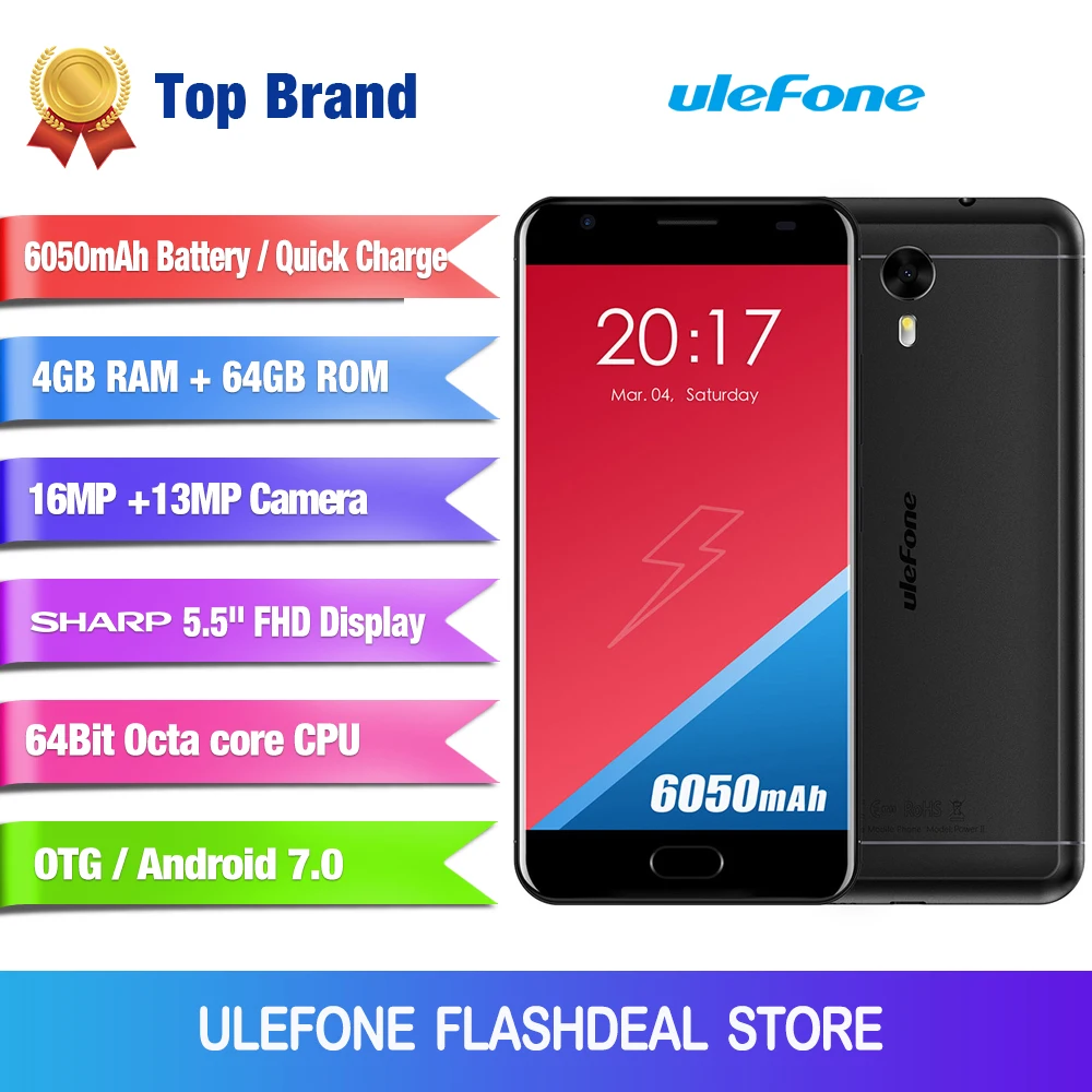 

Ulefone Power 2 European version Smartphone 5.5 Inch FHD MTK6750T Octa Core Android 7.0 4GB+64GB 16MP 6050mAh Fingerprint ID 4G