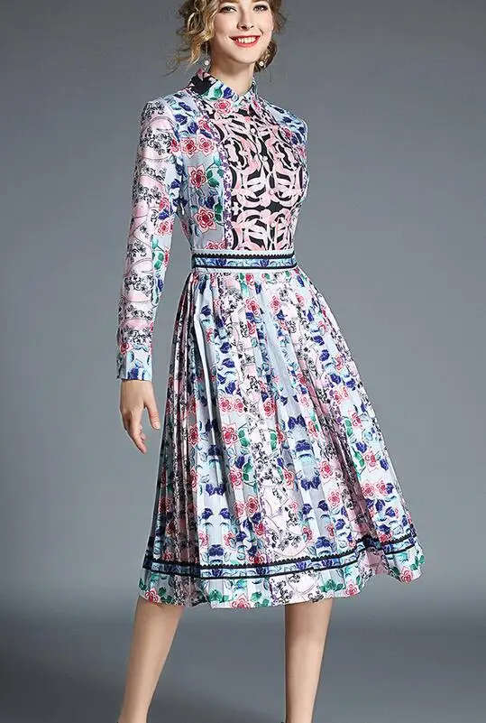 

High quality 2018 Autumn New Arrival Western Style Elegant Stand Collar Long Sleeve Flower Printed Woman Long Pleated Dress