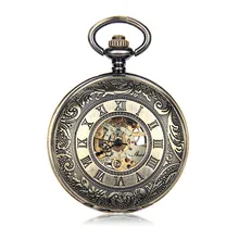 Skeleton Hollow Case Steampunk Punk Pocket Watch Mechanical Movement Hand Wind Half Hunter Bronze Tone Engravable Nice Gift