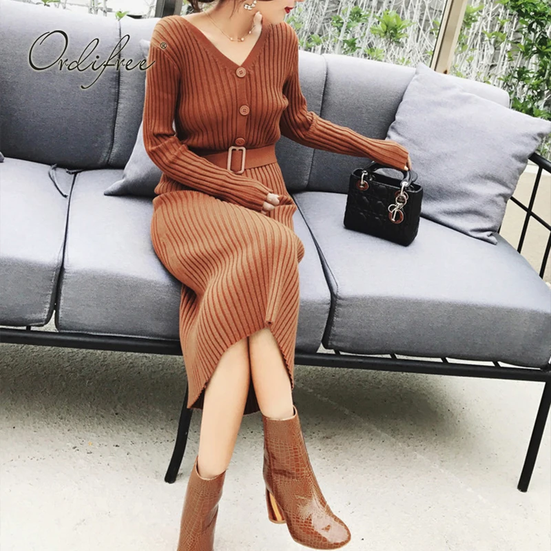 

Ordifree 2018 Autumn Winter Women Knitted Dress Long Sleeve Belted Sexy Midi Dress Female Sweater Dress