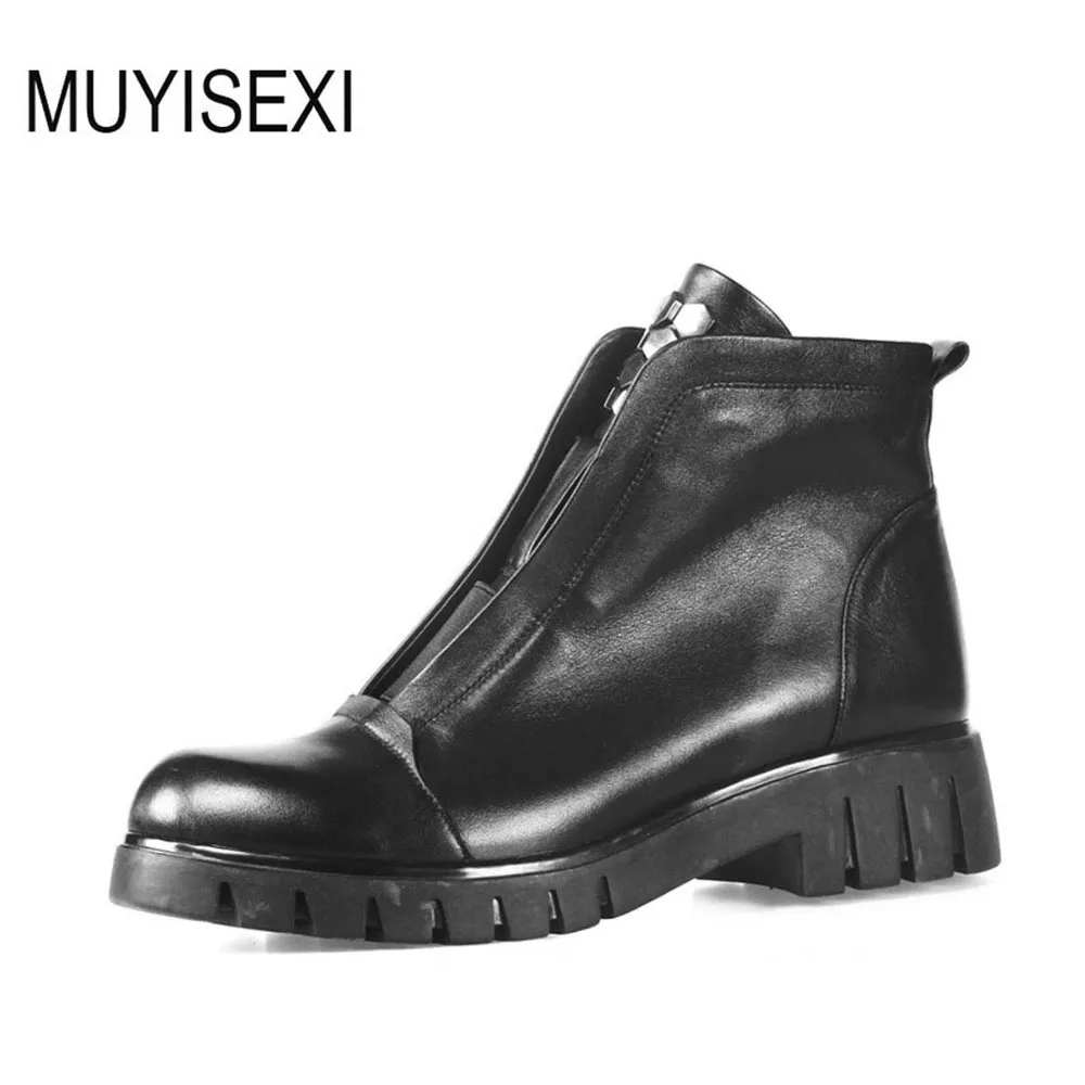 

Women Genuine Leather Winter Boots Wool Ankle Boots Round Toe Zipper Boots Martin Black Russia size LID033 MUYISEXI