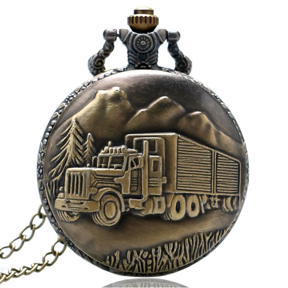 Antique Bronze Car Truck Pattern Pendant Arabic Numerals Analog Quartz Pocket Fob Watch With Chain Women Men Gift P445 (9)
