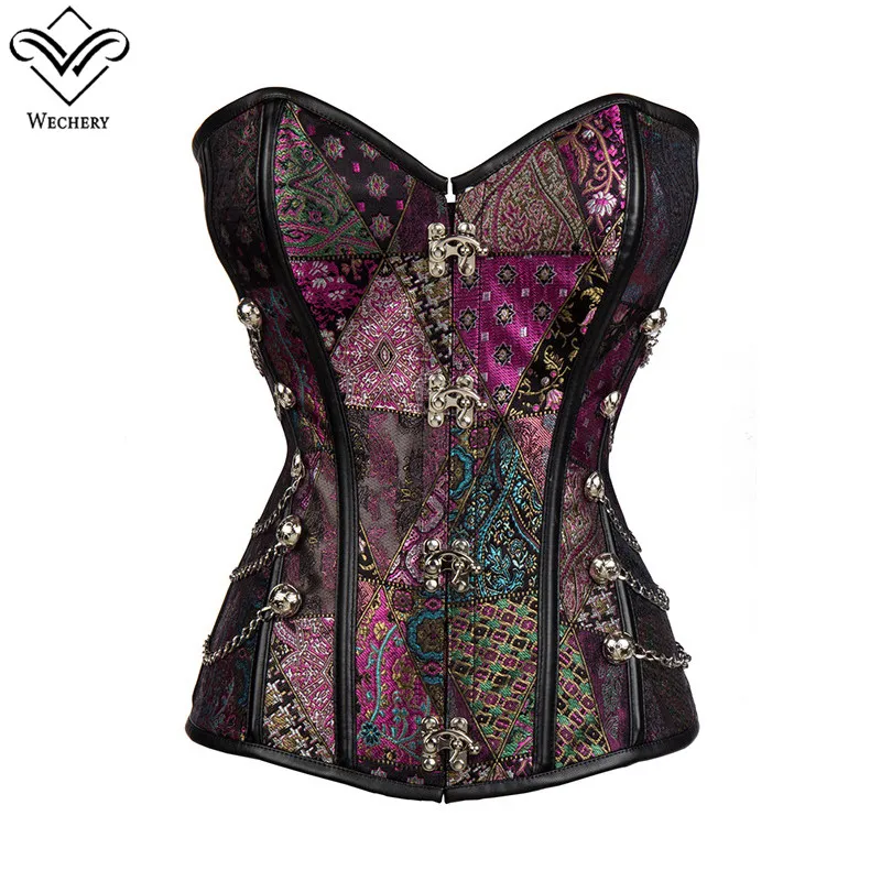 Wechery Фиолетовый корсет Готик Винтаж цветочный корсаж с цепями Body Shaper размера плюс