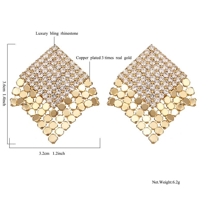Yhpup, модный красивый со стразами, квадратные серьги-гвоздики, блестящее золото; серебро; Сережки для женщин, вечерние, свадебные, роскошные ювелирные изделия, подарок