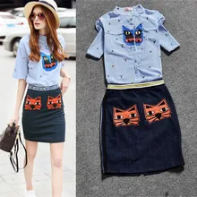 Женские комплекты одежды, милый женский комплект из двух предметов, рубашка с коротким рукавом, блузка, юбка, костюмы, модный джинсовый женский комплект с вышивкой NS269