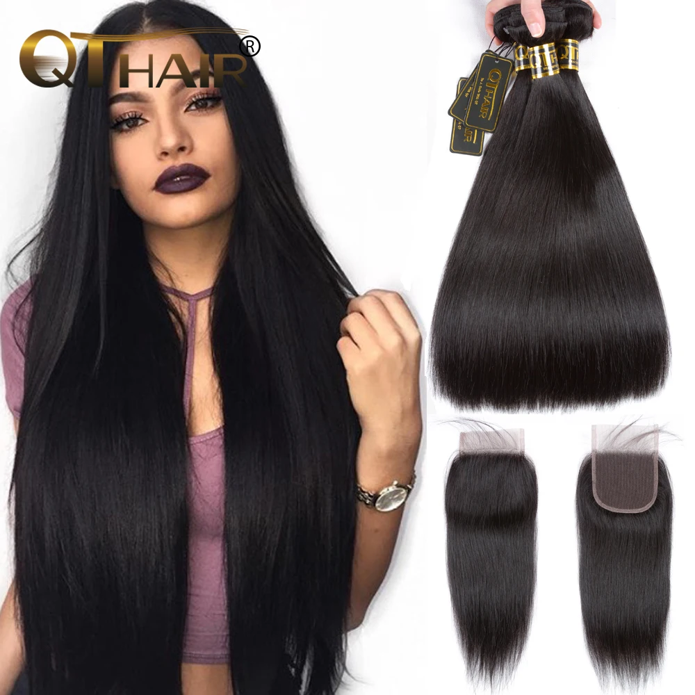 online QT Cabelo Feixes de Cabelo Em Linha Reta com Fechamento Feixes de Cabelo com Fechamento Remy Brasileiro Tecer Cabelo Humano Pacotes Com Fecho