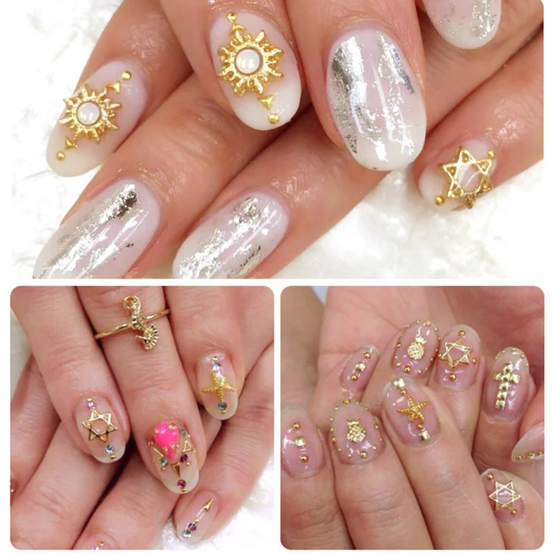 Zziell 10pcs DIY 3D Jewelry Japanese Putiel Sun Flow Nail Art Alloy Gold Glitter Rhinestones Nail Charm Decorations for DIY Nail