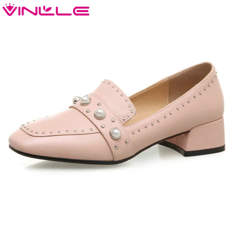 

VINLLE 2018 Women Pumps Pointed Toe PU Leather String Bead Black Square Low Heel Ladies Wedding Shoes Size 34-43