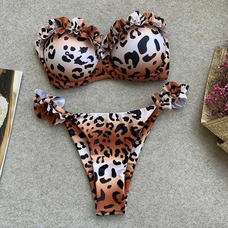 

Bandeau Bikini Women Ruffled Swimsuit 2019 Leopard Brazilian Swimwear Push Up Bathing Suit Female Summer Beach Wear Biquini 5237