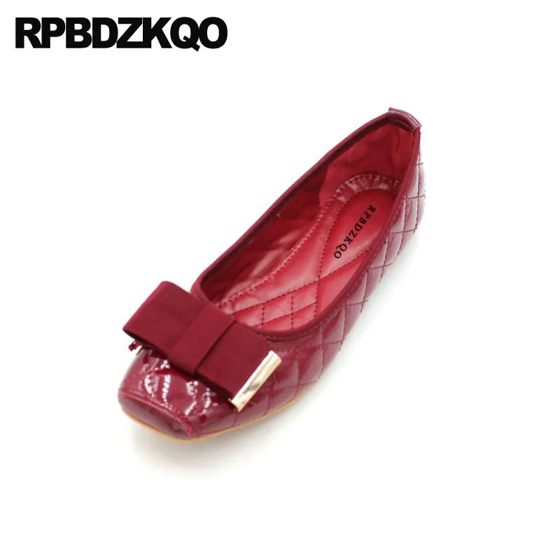 

wedding ballet shoes gray patent leather ballerina flats large size chic square toe red wine dress korean bow women plaid grey