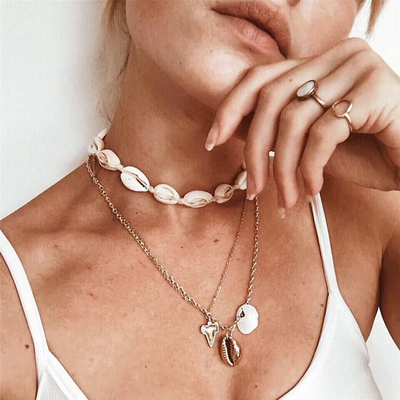 

Bohemian Natural Sea Shell Cowrie Necklace For Women Choker Rope Chain Gold Shell Collar Concha Necklaces Beach Summer Jewelry