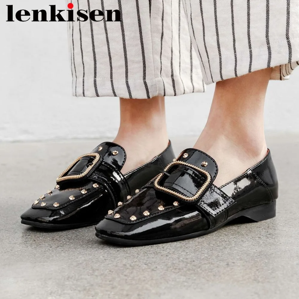 

2019 comfortable genuine leather rivets decoration retro slip on buckle driving ballet shoes mixed colors square toe pumps L31