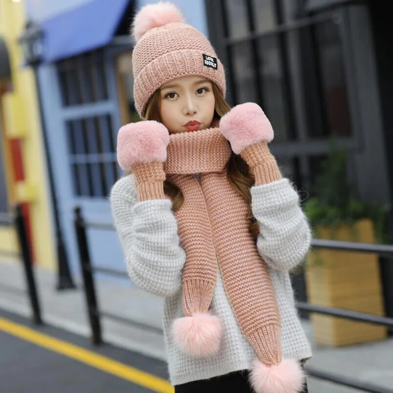 

BING YUAN HAO XUAN Winter Hats for Women Three-Piece Girl Solid Color Wool Warm Gloves Scarves Female Pompom Scarf