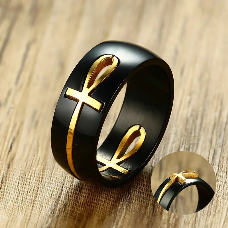 Nuevo Ankh Egipcio Cruz Oro Anillo De Banda De Acero Inoxidable Hombres Joyería religiosa