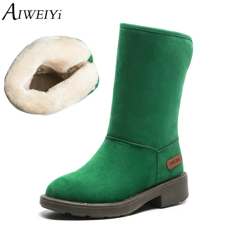 

AIWEIYi Brand Shoes Woman Female Winter Snow Boots Plush Warm Shoes Slip On Low Heels Ankle Boots Green Booties Botas Mujer