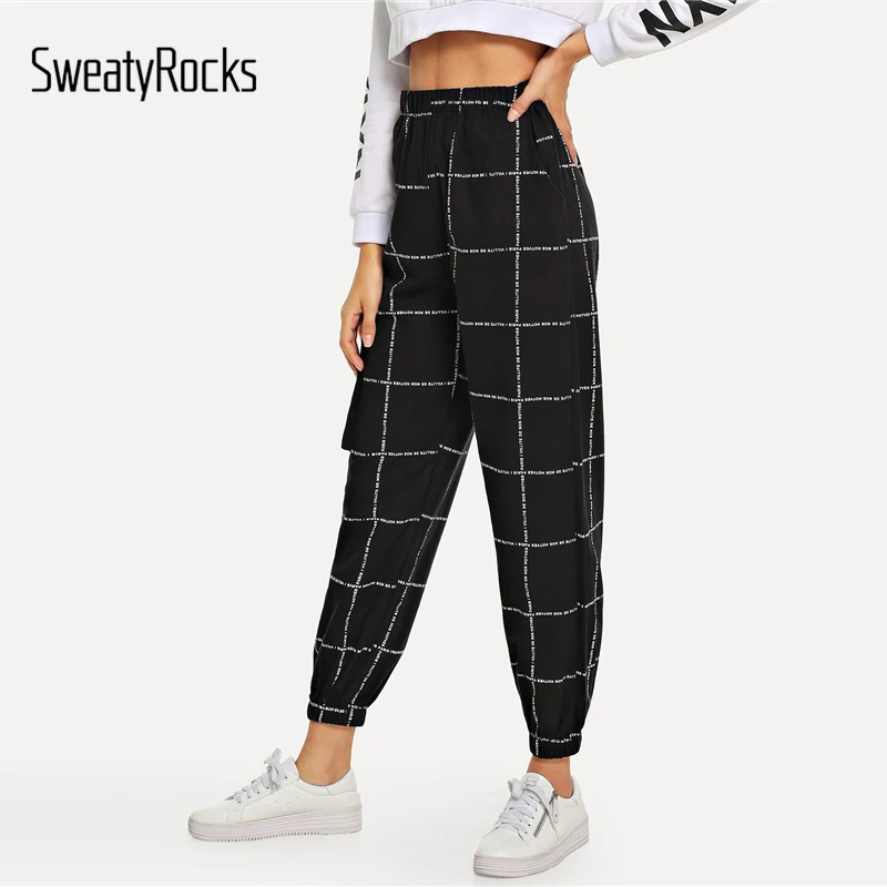 SweatyRocks, черные повседневные минималистичные штаны с карманами и клетчатым принтом, штаны со средней талией, осень, женские консервативные брюки для кампуса