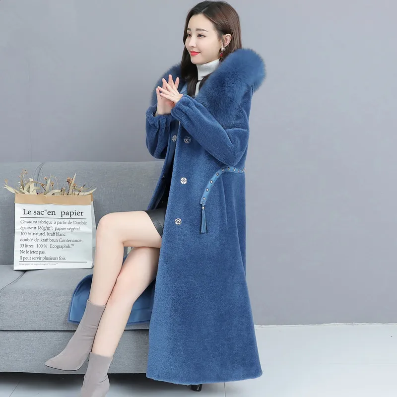 M-4XL, Новое Женское пальто из стриженой овцы, зима, модная куртка с капюшоном и воротником из лисьего меха, утолщенная верхняя одежда для женщин