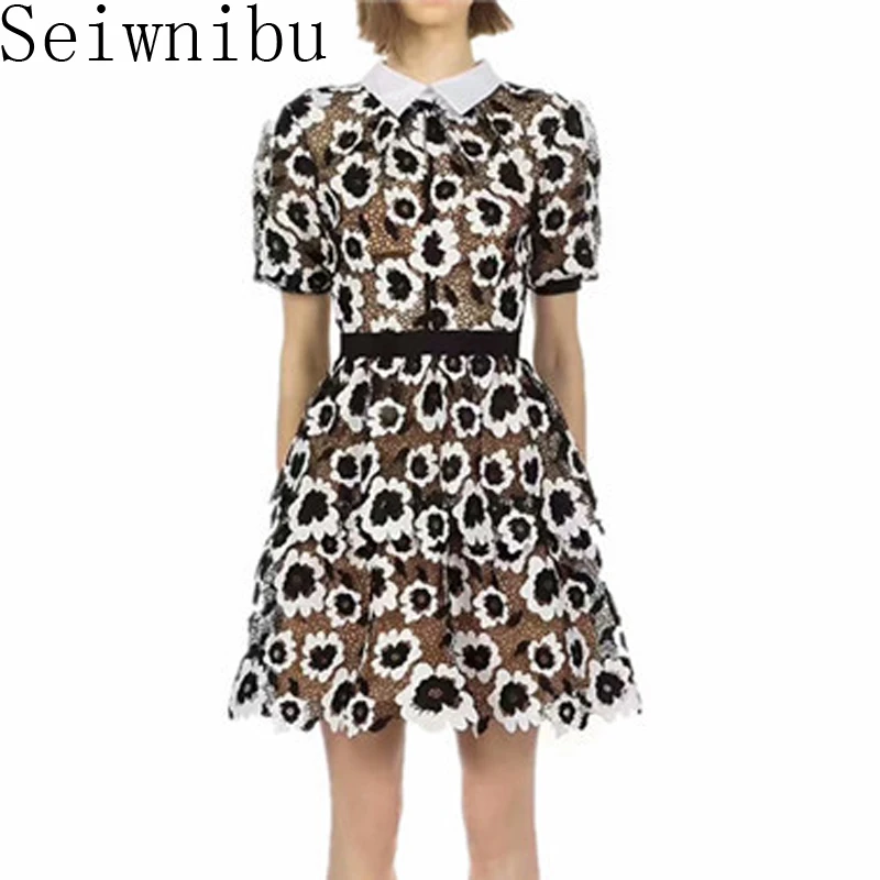 

Self-Portrait Vintage Lace Dresses 2019 summer Women Flower Embroidery Print Retro Patchwork Lace Dress