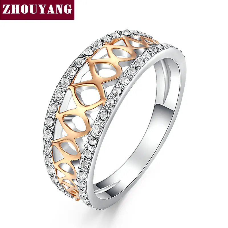 

ZHOUYANG Top Quality Hollowed-out Double Color Silver Color Fashion Ring Austrian Crystals Full Sizes ZYR452