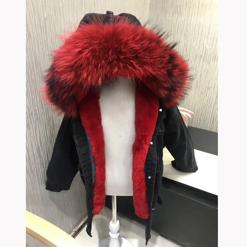child winter fur jackets real fur big hooded natural rex rabbit fur lining boy and gilr fashion denim outwear thick warm parka