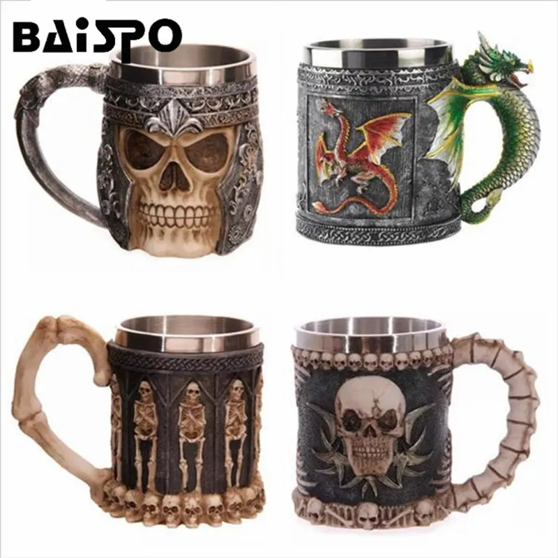 

BAISPO 350ML Double Wall Stainless Steel 3D Skull Mugs Coffee Tea Bottle Mug Skull Knight Tankard Dragon Drinking Milk