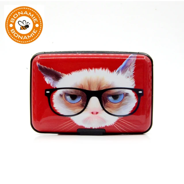 BONAMIE Aluminum Card Case Red Glasses Cat Pattern RFID Wallet Cartoon Travel Credit Card Holder For Girls Anti-RFID Scanning