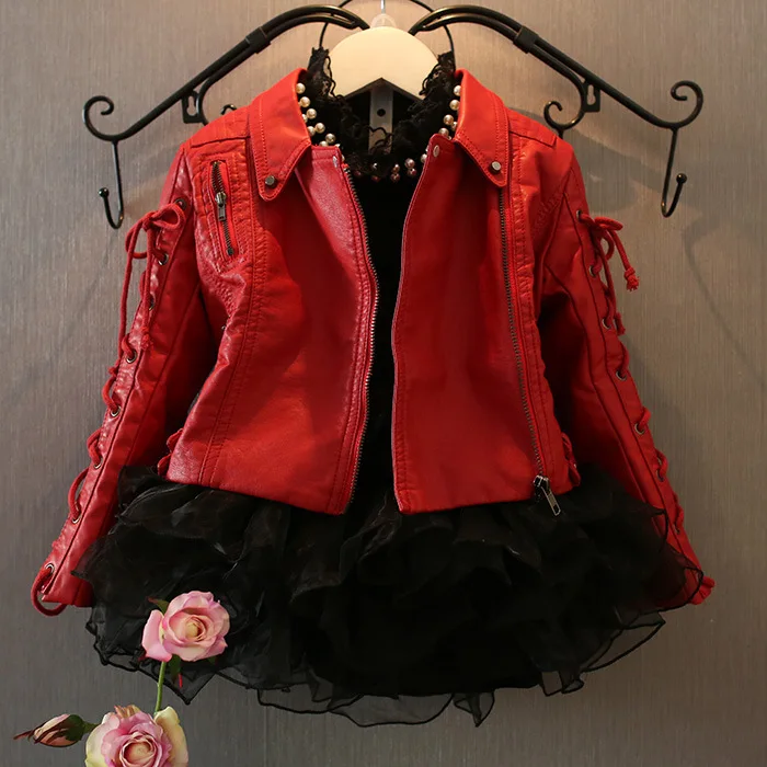 Buy girl red fake leather cool jacket for kids and