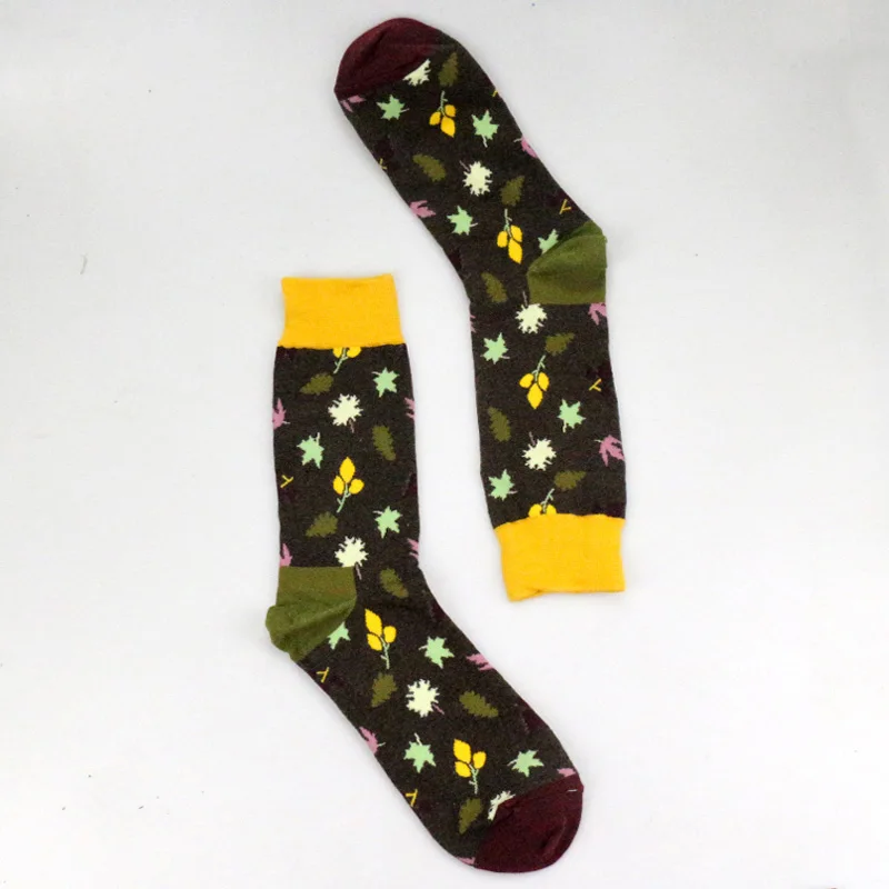 Премиум Необычные счастливые носки цветные цветы листья личности забавные женские и мужские унисекс носки с изображением растений хлопковые удобные женские носки - Цвет: Leaves Brown 03
