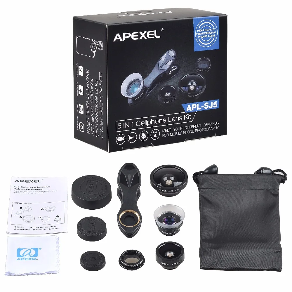 Apexel новый 5 в 1 клип стекло объектива Kit (рыбий глаз широкоугольный 12X/24x макро и