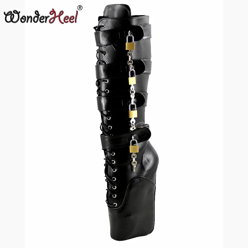 

Wonderheel sexy ballet shoes ultra high heel 7" wedges heel Knee high Boots sexy fetish matte black locked padlocks ballet boots