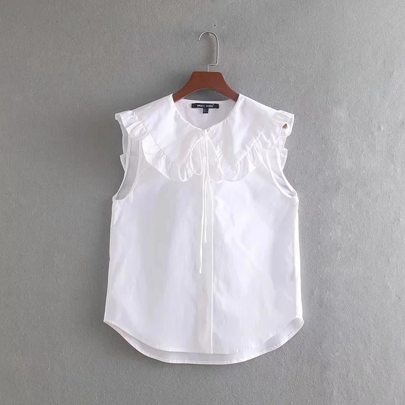 

Ruffle Decoration Women White Sleeveless Shirt Office Lady Leisure O Neck Bow Tie Blouse 2019 Summer Female Loose Tops S6021