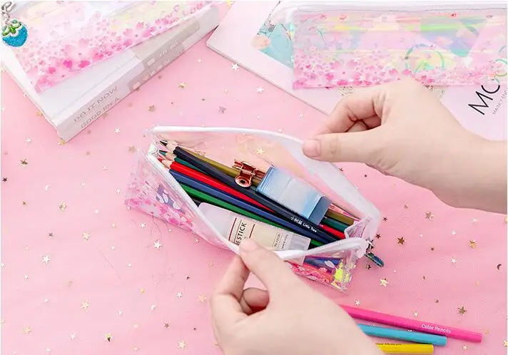 1 шт. цветной лазерный чехол-карандаш с блестками Kawaii Cherry Blossom Прозрачный большой чехол-карандаш канцелярская коробка для карандашей для девочек подарок