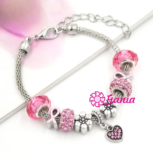 

Newest European Bead Bracelet Flower Pave Disco Breast Cancer Pink Crystal Heart Charm Bracelet Fit Pandr Bracelet for Women