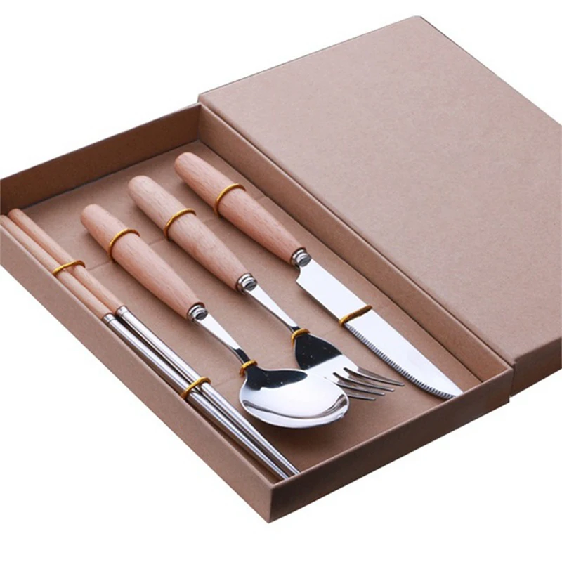 

Wooden Handle Stainless Steel Dinnerware Cutlery Set Retro Steak Knife Fork Spoon Chopsticks Portable Travel Tableware Best Gift