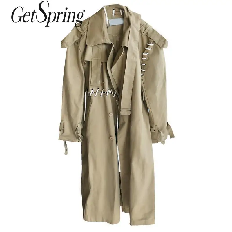 

GetSpring Women Coat Women Trench Coats Irregular Drawstring Bandage Khaki Trench Coat Women Patchwork Coats Women Clothes 2019