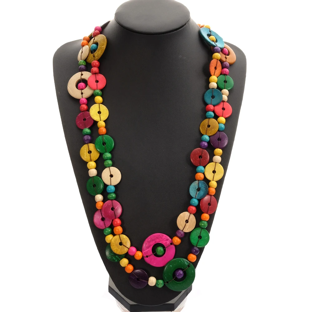 

BeUrSelf Drop Shipping Multi Color Bohemian Women Knit Handmade Wooden Bead Ethnic Round Coconut Shell Long Beaded Necklace