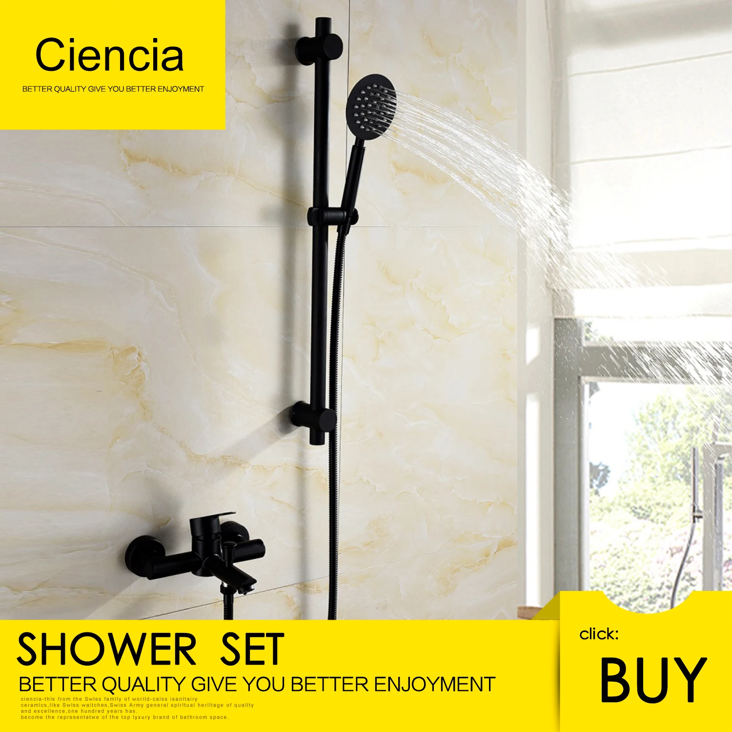 

Ciencia Stainless Steel Black Shower Set With 1.5m Shower Hose Faucet Hand Shower Sliding Bar For Bathroom Washroom