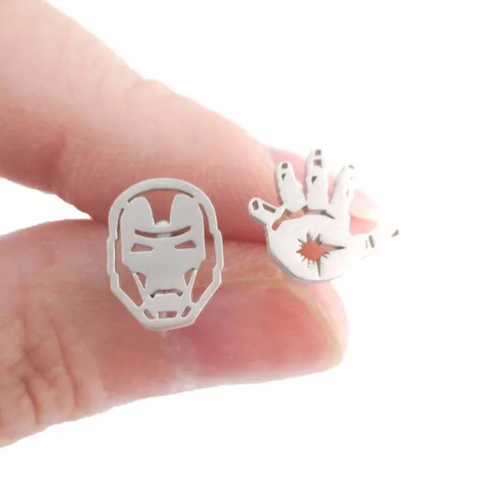 IRON MAN MASK AND GLOVE SHAPED STUD EARRINGS IN SILVER SUPER HERO JEWELRY