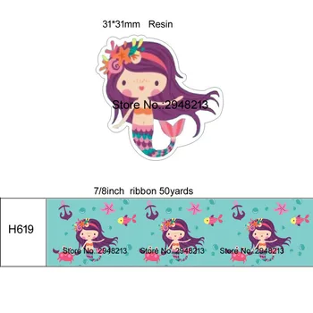 

printed cartoon mermaid grosgrain ribbon and resin sets 7/8inch 50yard ribbon and 50pcs resin 1sets REB338