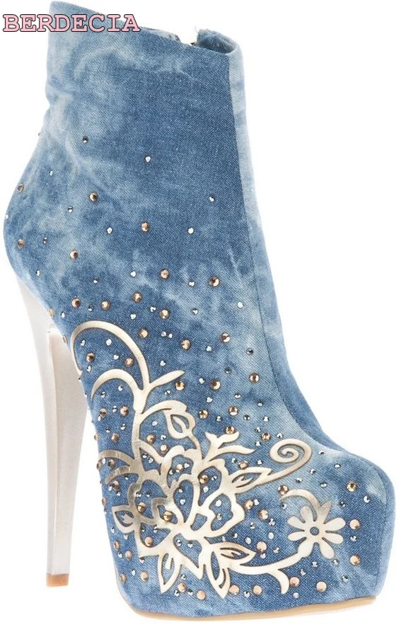 

hot selling thin heel platform ankle boots chic crystal woman shoes light blue denim short boots high quality ankle boots