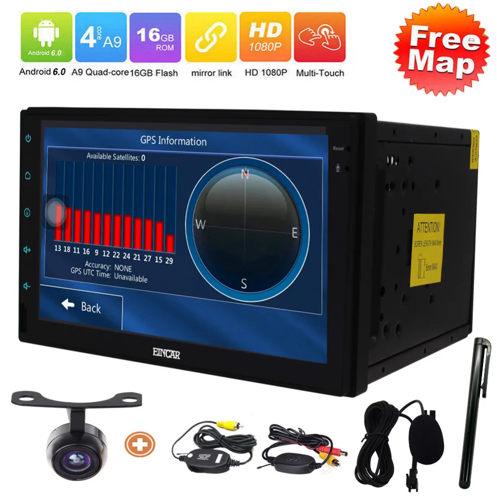 

Car Radio Bluetooth Head Unit with WiFi/FM/AM/RDS/AUX/USB Receiver Audio Plug and Play + Free Rear View Camera Android 6.0 Quad