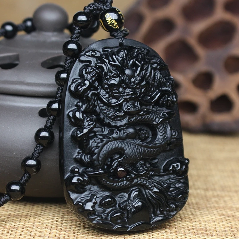 

Fine carving natural black A obsidian carved dragon black pendant Amulet Lucky pendant necklace Fashion Jewelry free shipping